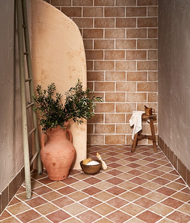 Terracotta hue warm beige tiles